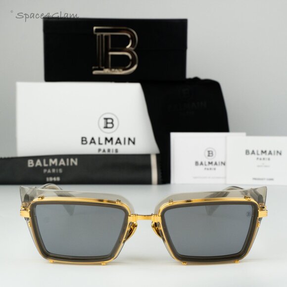 Balmain Women Sunglasses Grey Crystal Gold Rectangle ADMIRABLE BPS-130B-52 NEW - Picture 3 of 10